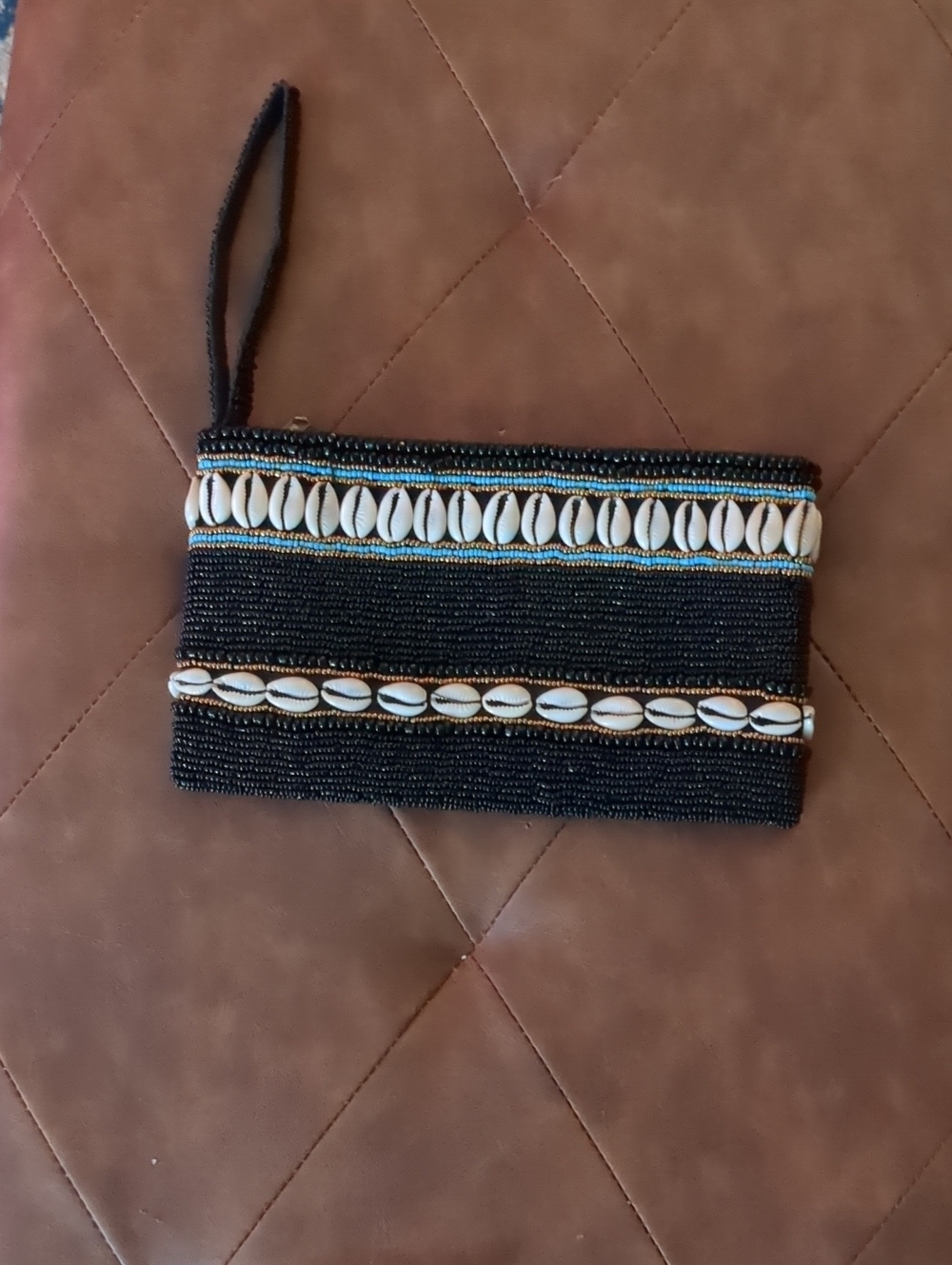 Black Beaded Shell Wristlet Clutch with Wrist Strap